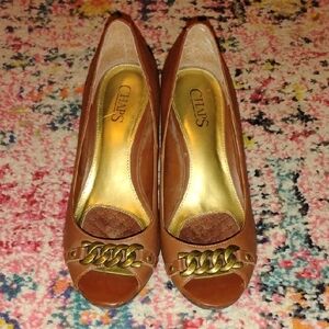 Chaps Brown Peep-Toe Heels with Gold Chain Accent